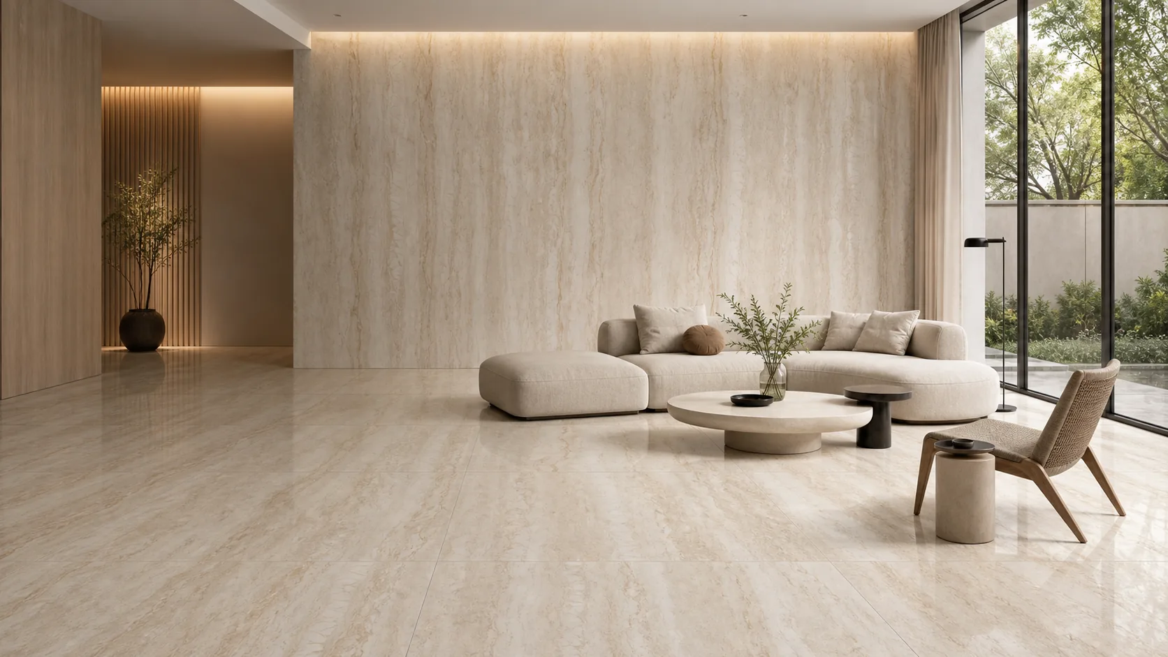 Contemporary living room featuring premium porcelain tiles